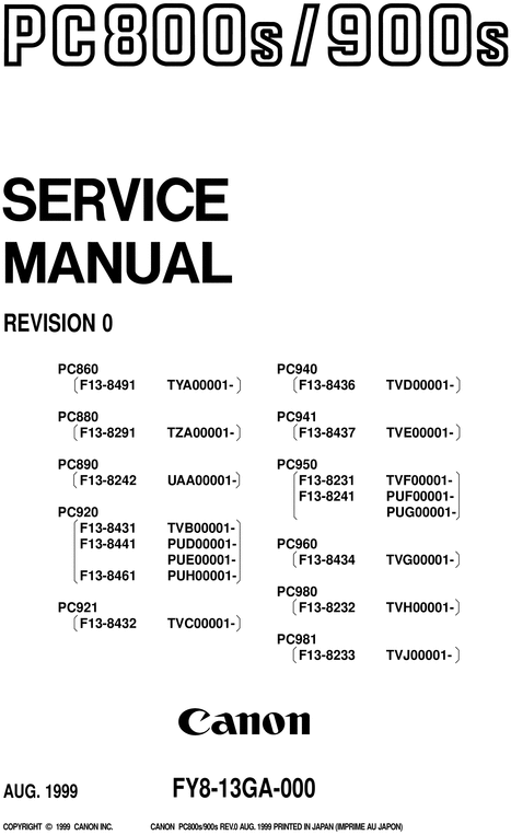 Product picture Canon PC800s and PC900s copier service manual